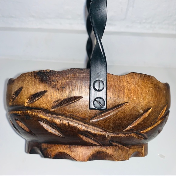 Solid Wood Carved Basket w/ Twisted Iron Handle - Picture 7 of 8